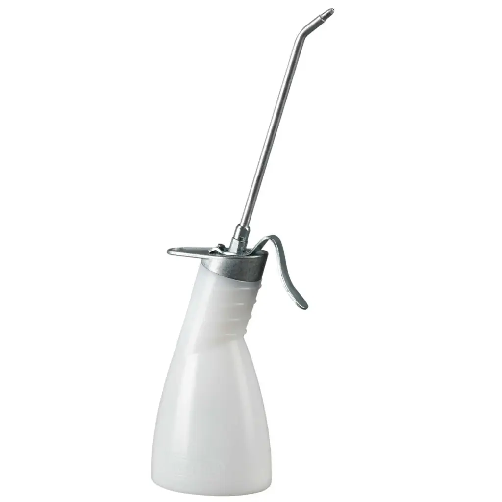 6 Stück Werkstattöler-500 ml-Polyethylen-weiß-Messingpumpe einfach wirkend-Spritzrohr-165 mm im Karton