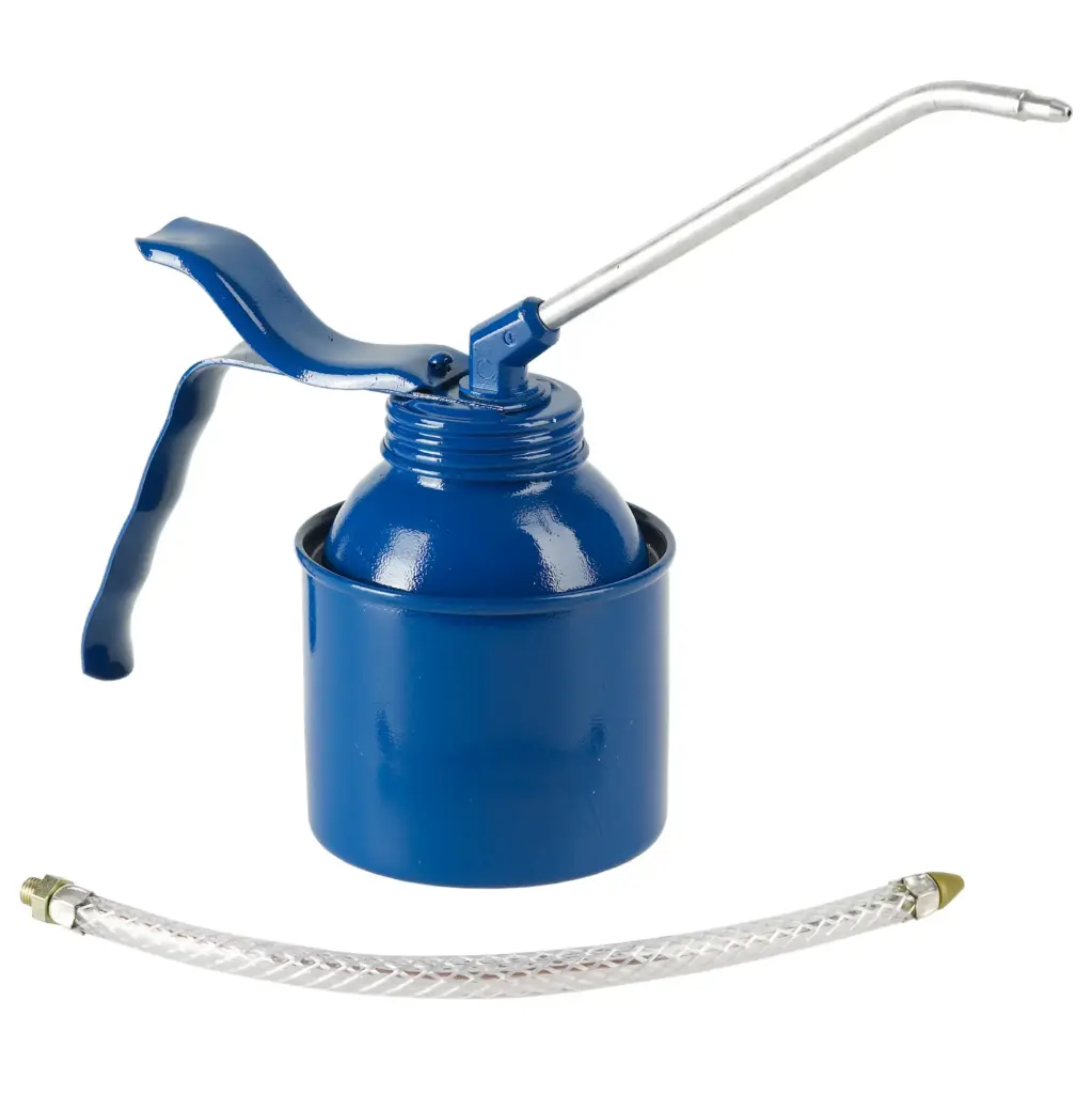 6 Stück-Standardöler-250 ml-Stahl-blau Messingpumpe einfach wirkend-Spritzrohr und Flexrohr-im Karton